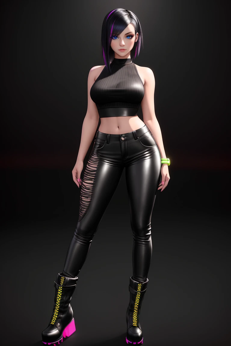 beautiful girl, ((standing:1.4)), (confident gaze:1.1), full body, short bright neon streaked black hair, ((realistic highly detailed eyes:1.4)), ((seductive pose:1.2)), black eyeshadow, (street style wear:1.2), ((tight fitted pants)), ((knee high leather ...