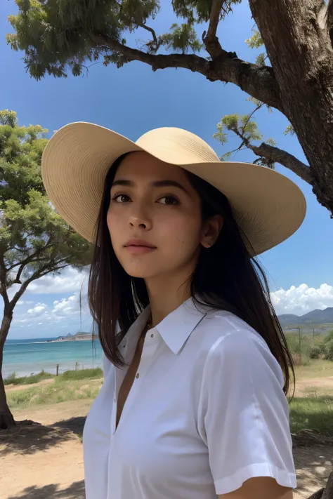 Mujer tailandesa, Mira el visor, Cabello largo, camisa, vaqueros, nube, tag, Cielo,al aire libre, post-apocalipsis, restos, paisaje, tree, Agua,desnuda