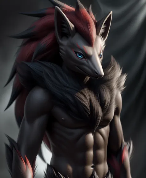 (realistic, photorealistic:1.37), masterpiece, zoroark (pokemon), looking at viewer, sharp blue eyes, full body portrait