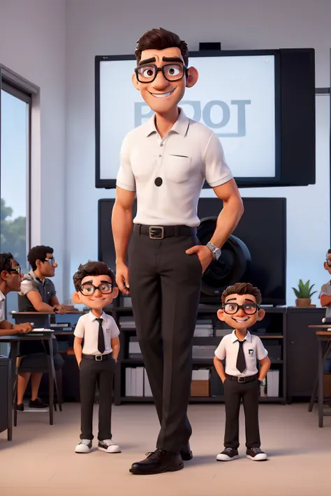 Professor careca, branco, with vibrant medium brown eyes, wearing black rimmed glasses, sorriso encantador, magora, tall man wearing a white polo shirt and black pants with a black belt and white shoes in a white classroom with a tv, quadro branco, carteir...