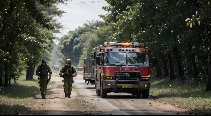 bombeiros e militar procurando na floresta, alta qualidade, 8k, detalhado