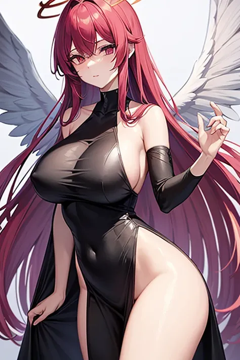 Tall girl with long red hair, silver eyes, and purple eyelashes. She has big boobs, and is an angel, having angel wings and a halo above her head. She wears ash grey colored clothes. she is 8ft tall