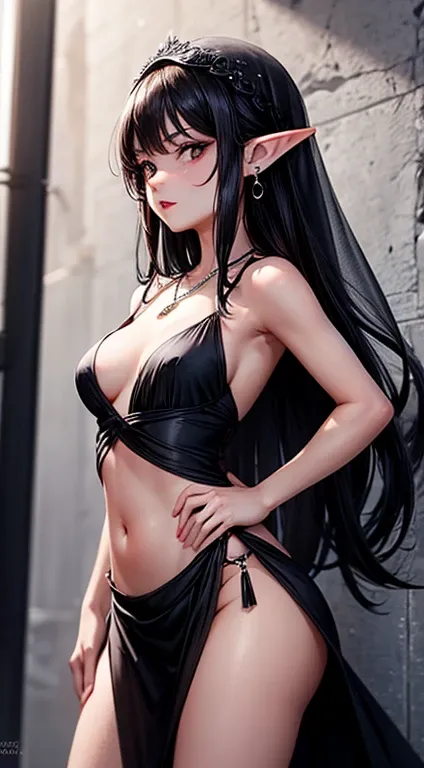 1girl, bare shoulders, black dress, black hair, breasts, breasts apart, center opening, cleavage, closed mouth, dress, earrings, elf, hand on hip, jewelry, flat, small breasts, flat breasts, lips, lipstick, long hair, looking at viewer, makeup, medium brea...