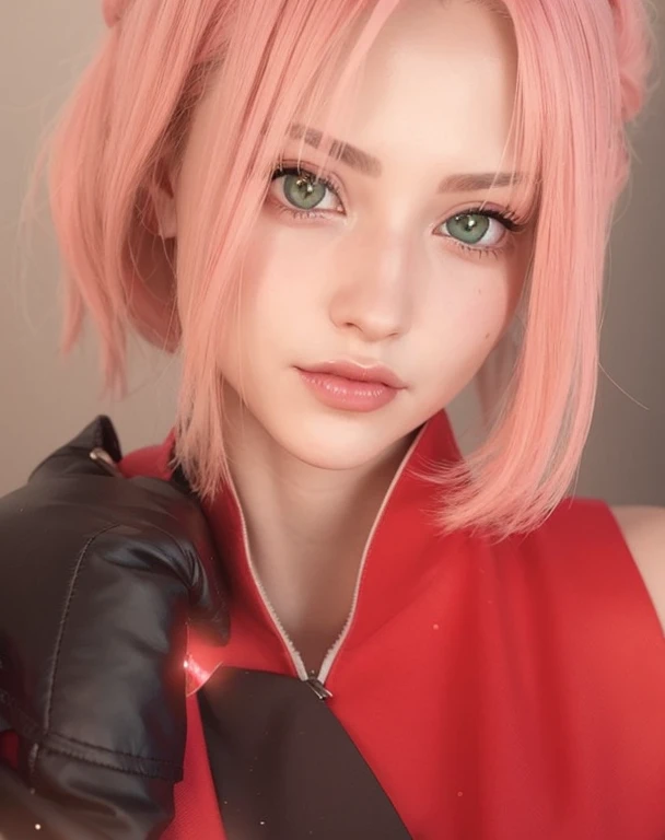 young woman, pale skin, short bubblegum pink hair, jade green eyes, red lips, red clothes, Sakura Haruno, realism, 3d