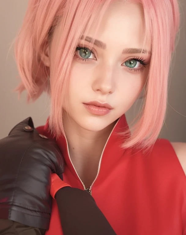 young woman, pale skin, short bubblegum pink hair, jade green eyes, red lips, red clothes, Sakura Haruno, realism, 3d