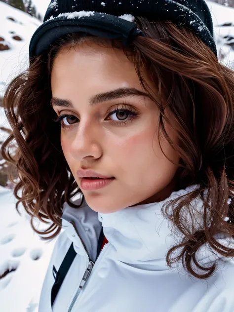 Masterpiece, sexy woman, Albanian woman, 30 years, cute face, neat face, Detailed Face, small neat nose, neat plump lips, big brown eyes, Brown eyes, Alice Milan, Long hair, curly hair, Natural shine, chocolate  hair, Western, hot girl with charming face, ...