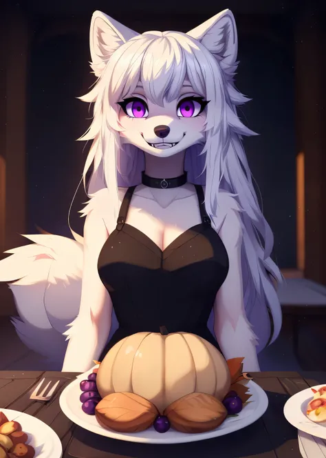 uploaded on e621, (by Studio Ghibli, by Kemokin Mania, by Reysi, by Mewgle, by Trevart:1.25),
solo ((Naomi, anthro furry white wolf girl, long white hair, purple eyes)), table of roasted turkey, thanksgiving turkey dinner in front of her,    Wearing a goth...