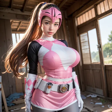 (masterpiece:1.1, Best Quality:1.1, 16 K, High resolution), (Ultra-realistic portrait of pink power ranger), Ultra-detailed, Illustration, (Pink Power Rangers Costume, Belt bag, gloves, full face cover helmet:1.35, pink spandex vest, Pink boots, Pink skirt...