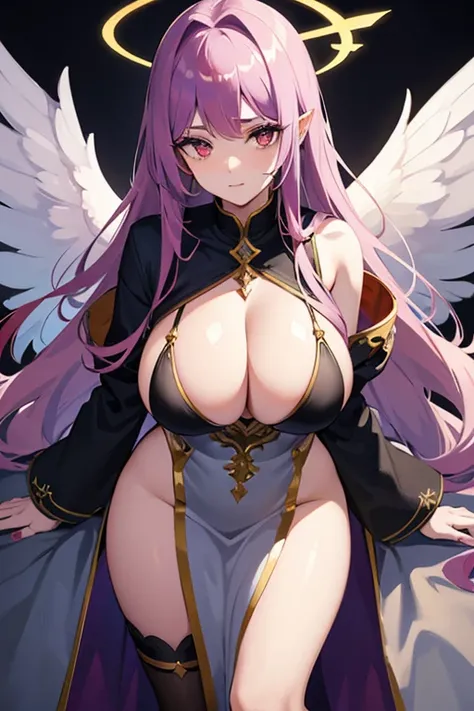 Tall girl with long red hair, silver eyes, and purple eyelashes. She has big boobs, and is an angel, having huge white and gold angel wings and a yellow halo above her head. She wears ash grey colored clothes. she is 8ft tall