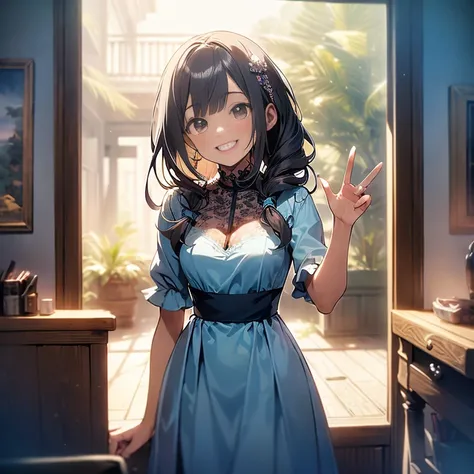 ((masterpiece:1.5)),((Finest quality)),(Ultra-high precision),8k picture, Top quality anime, Highest level of resolution,sharpnes, Light blue lace dress, smile, wave her hand, long hair, hair ornament