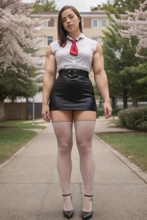 A heavily muscled iffb pro female bodybuilder, masterpiece, best quality,4girl,young girl, plum_pie eyes, brown, choppy bob,envious _face,shiny skin,medium breasts,nice leg line:1.3,thick thighs, thin waist,school uniform, thighhighs,necktie,((pencil skirt...