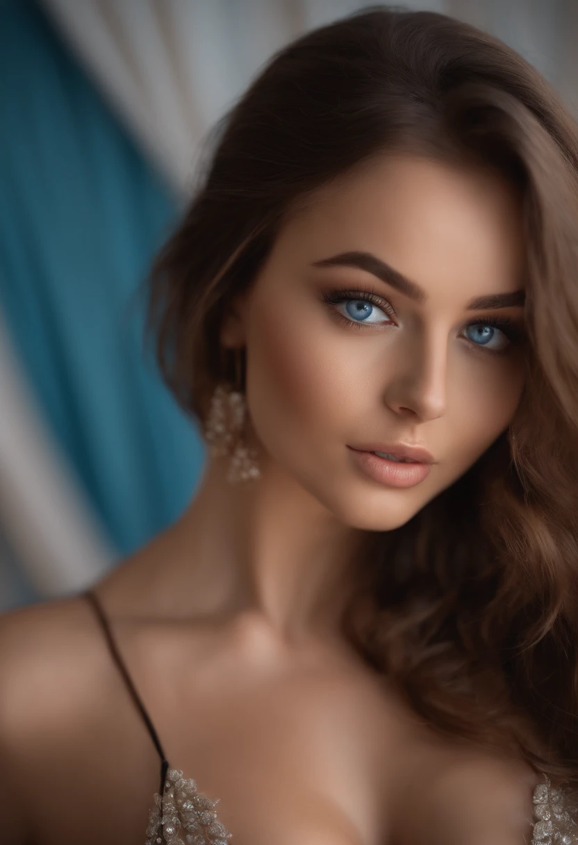 A poised and alluring woman with captivating blue eyes, resembling the ultra-realistic Sophie Mudd. She wears natural makeup, exudes a sexy charm in a short dress, and poses in hotel setting with a prominent bust.