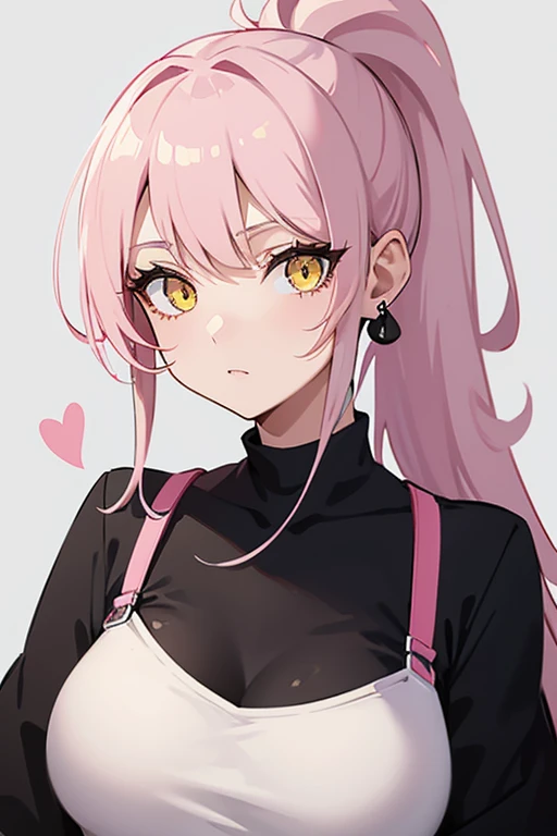 Tall pale girl with black hair in a ponytail, light yellow eyes and eyelashes. Pink heart hair piece, white earrings. Very well endowed.