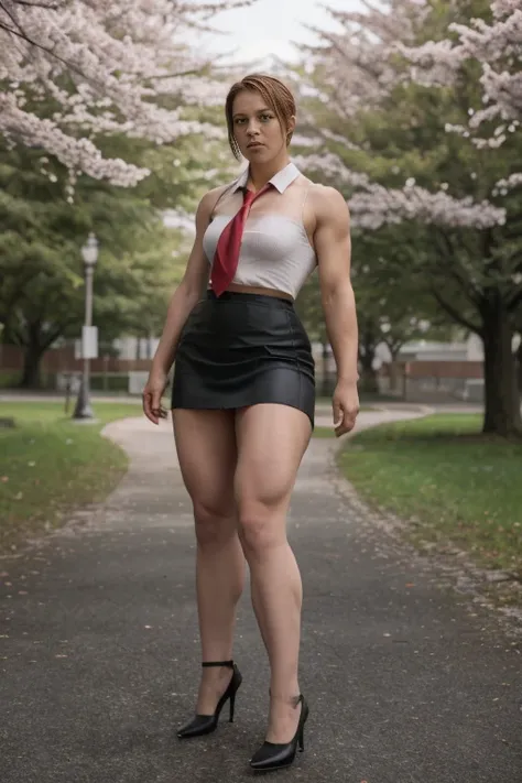 Resident evil, Ronda Rousey, A heavily muscled iffb pro female bodybuilder, masterpiece, best quality,4girl,young girl, plum_pie eyes, brown, choppy bob,envious _face,shiny skin,medium breasts,nice leg line:1.3,thick thighs, thin waist,school uniform, thig...