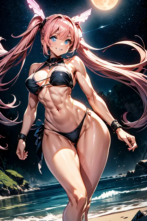 1 girl, (medium breasts))) (((big ass))), (pretty smile), (((wearing short bikini))), (long pink hair), (((blue eyes))), (in beach at night with starry sky and full blood moon), (slim waist), (large waist), (thin and muscular legs), muscular belly, bare fe...