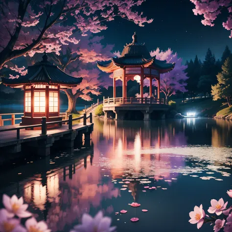 A gazebo on the lake，Sparkling water surface，the night，Huge moon background，Purple tones，Paper sculpture x1.5，Tilt-Shift，Cloud x1.3，Plum blossom x1.2，Soft lighting，Oriental elements，Dreamy，Pastel colors，Bright colors，Traditional Chinese color scheme，reason...