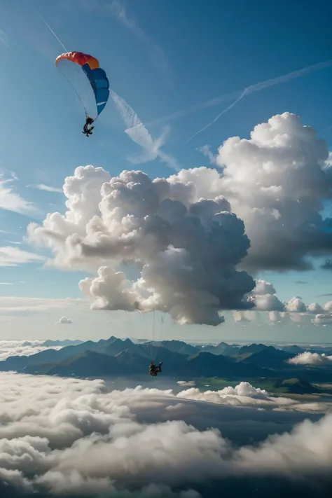 Descreva em detalhes a cena de um paraquedista centralizado na imagem, descending gracefully through a sea of fluffy clouds. Paint a vivid picture of the vastness of the sky, destacando as nuances de diferentes camadas de nuvens, dos mais finos aos mais de...