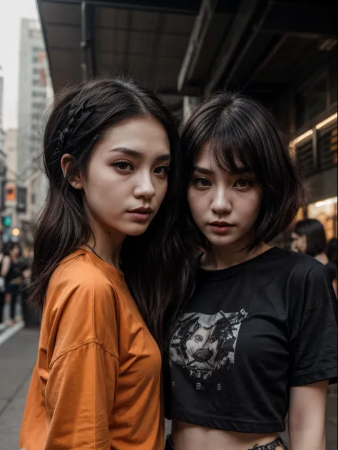 👭, 2chinese girl, pale_skin, random color hair,  randome hairstyles, dark smoky eyes, black eyes liner, black lips, punk rock girl, orange oversized shirt, bottomless, random basic pose, against random epic background