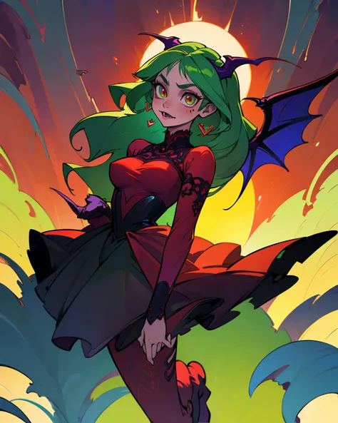 (best quality, masterpiece, colorful, dynamic angle, most detailed) full body, succubus girl, goth, big red demon wings (high resolution textures), long green hair, (abstract art), half demon, crimson iris of a cat, cats eyes, very long vampire fangs, (int...