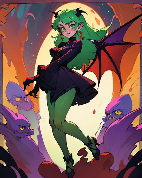 (best quality, masterpiece, colorful, dynamic angle, most detailed) full body, succubus girl, goth, big red demon wings (high resolution textures), long green hair, (abstract art), half demon, crimson iris of a cat, cats eyes, very long vampire fangs, (int...