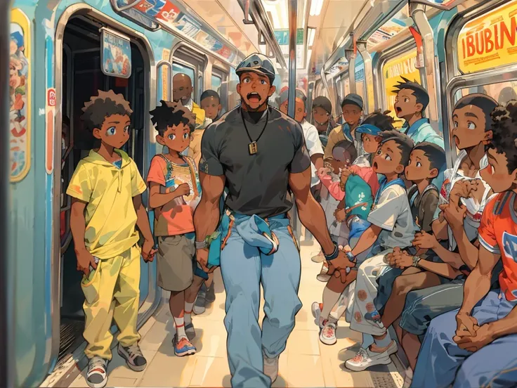 A black man stopped on the subway, Bermuda , hand holding the bar, pubic hair visible, BOJO MAIOR, large bulge, large bulge,  subway full of shocked children looking at black,