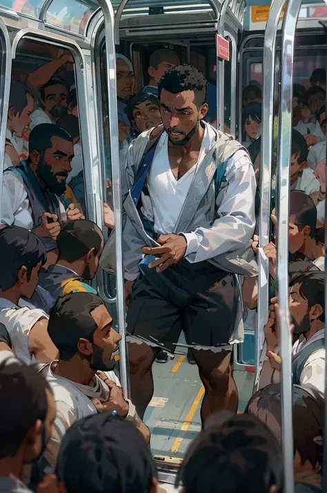 A black man standing on the bus , full expressions, dormindo cueca branca, roupas molhadas, pubic hair visible, BOJO MAIOR, large bulge, large bulge, de cueca branca transparente, bus full of people crying to black, pessoas gravando o menino