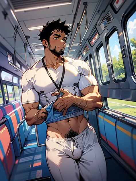 A black man standing on the bus , full expressions, dormindo cueca branca, roupas molhadas, pubic hair visible, suado, BOJO MAIOR, large bulge, large bulge, de cueca branca transparente, bus full of people looking at black,