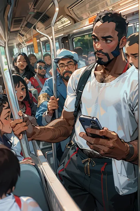 A black man standing on the bus , full expressions, encostando no ombro da pessoa semtsemtada, roupas molhadas, pubic hair visible, BOJO MAIOR, large bulge, large bulge, de cueca branca transparente, bus full of people looking at black people, pessoas com ...