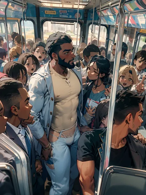 A black man standing on the bus , full expressions, large bulge, dormindo, Apertado, roupas molhadas, blusa aberta, pubic hair visible, BOJO MAIOR, large bulge, large bulge, transparente, bus full of people looking at the man, big bulge attracting all the ...