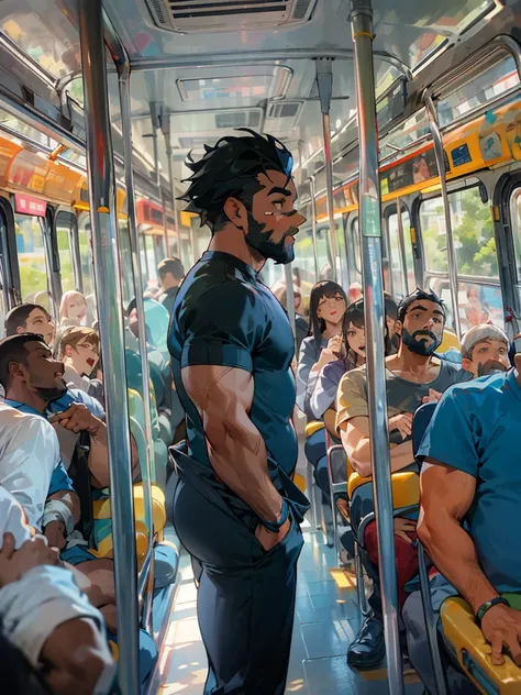 A black man standing on the bus , full expressions, large bulge, dormindo, Apertado, roupas molhadas, blusa aberta, pubic hair visible, BOJO MAIOR, large bulge, large bulge, transparente, bus full of people looking at the man, big bulge attracting all the ...