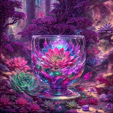 in this painting，we can see a mysterious and gorgeous scene。in the center of the painting is a transparent crystal chalice，it&#3...