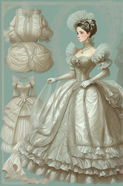 fairytale illustration, a stately and elaborate royal victorian court dress of silver damask adorned with (((bows))), poufs, ruf...