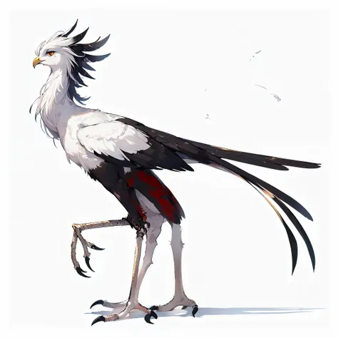 a humanoid secretarybird. full body image. anime style. female. quadrupedal walking.