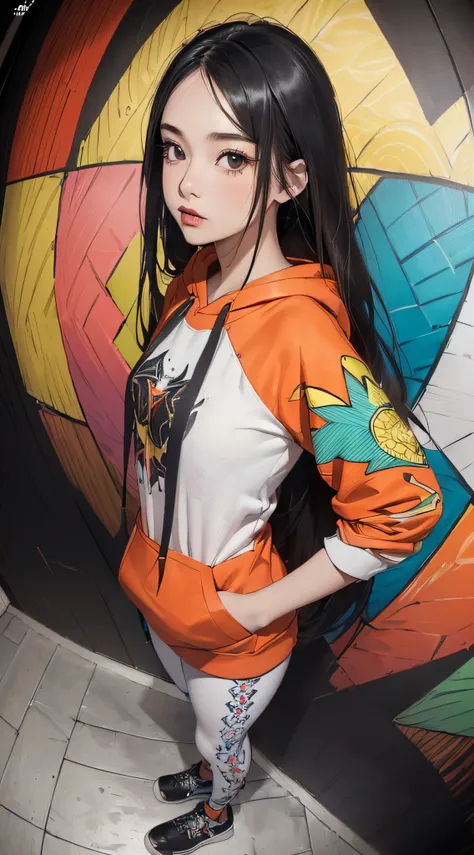 (((8k wallpaper of extremely detailed CG unit:1.2, ​masterpiece, hight resolution:1.2, top-quality:1.2, masutepiece))), ((a very beautiful woman, Place your hands behind your hips.:1.8, Grunge Fashion, Wearing a colorful hoodie, White leggings, Wearing sho...