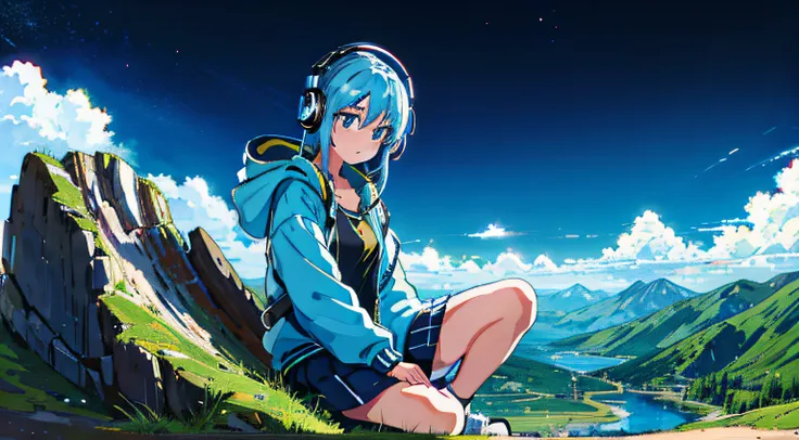 8k portrait of a beautiful blue haired anime girl with headphones listening to music sitting on a mountain in a magical fantasy world