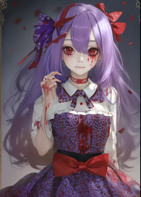 Girl, purple hair, red and white dress, Holes for Eyes, bleeding eyes, Horror, red bow in the hair