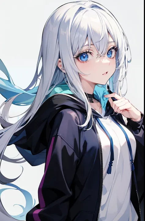 masutepiece, Best Quality, Anime girl with white hair, Light blue eyes, Wearing a dark blue hoodie, Looking at Viewer