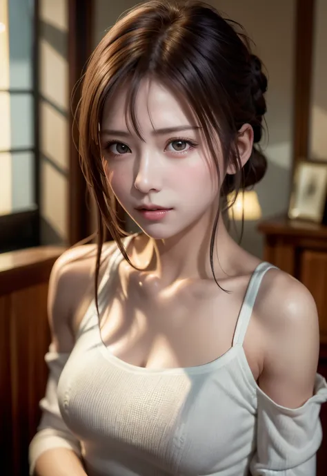 8K, of the highest quality, masutepiece:1.2), (Realistic, Photorealsitic:1.37), of the highest quality, masutepiece, Beautiful young woman, Pensive expression, Gentle eyes, sexy camisole、Hair tied back, Messy mood, Cinematic background,  Light skin tone