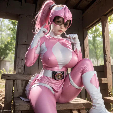 (masterpiece:1.1, Best Quality:1.1, 16 K, High resolution), (Ultra-realistic portrait of pink power ranger), Ultra-detailed, Illustration, (Pink Power Rangers Costume, Belt bag, gloves, Sentai helmet, full face cover helmet:1.15, sunglasses, pink helmet, p...