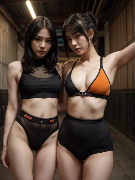 👭, 2chinese girl, pale_skin, random color hair, black cosmetics, orange sport underwear, high waist, random basic pose, against random epic background