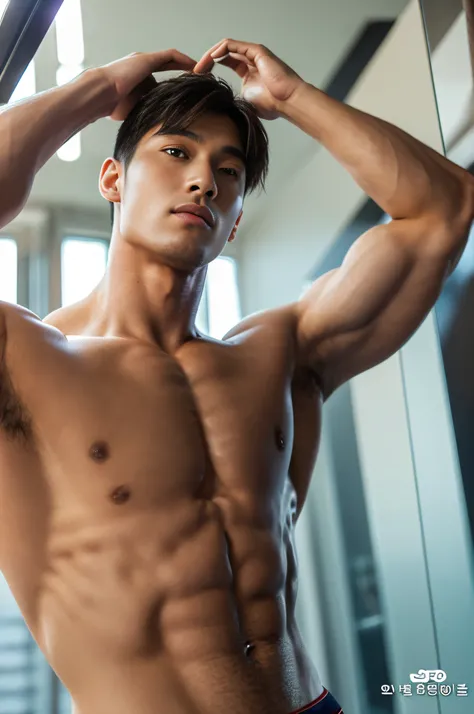 Masterpiece, Best Quality, Solo, Korean Men, bodybuilder, Muscular body, big muscle, Natural eyes, Short and delicate hair, Sexy Man, looking up at viewer, Triangle Mens Swimwear, Standing, Muscular posture