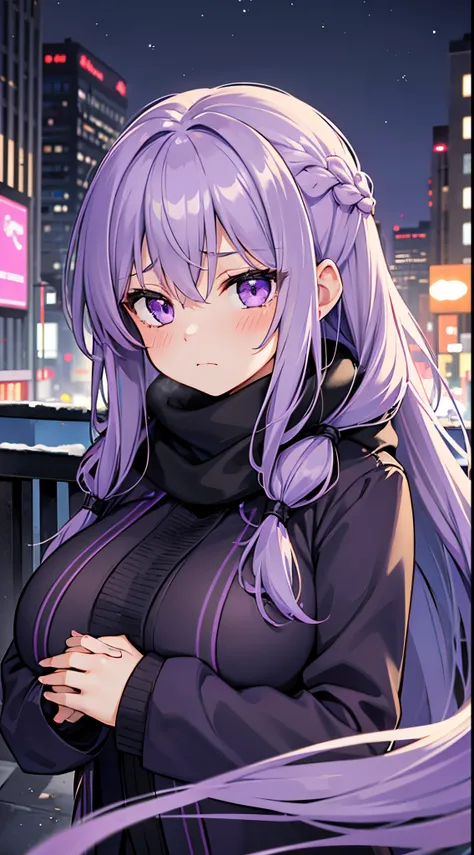 1 girl, game cg, purple winter coat, black winter scarf, gigantic breasts, light purple hair, long hair, french braid, purple eyes, night city, sad face, folded hands,