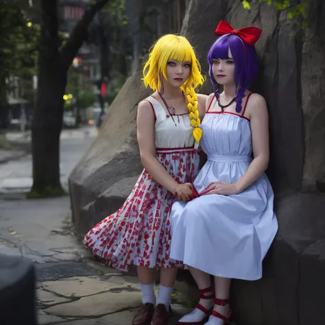 2girls, ((bright yellow hair)), yellow braids, blue and white frock, green eyes, brown shoes, frock in white and crimson fabrics...