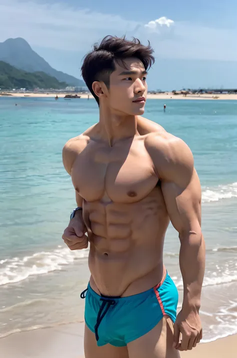 Masterpiece, Best Quality, Solo, Korean Men, Beach background, bodybuilder, Muscular body, big muscle, Natural eyes, Short and delicate hair, Sexy Man, looking up at viewer, Triangle Mens Swimwear, Large protrusions, Erection, Muscular posture