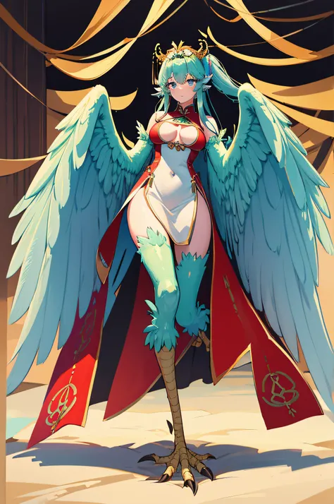 4k,hight resolution,One Woman,harpy,Green hair,poneyTail,Blue eyes,Sexy face,huge tit,snow-white wings,golden toenails,ancient chinese princess,fantasy cheongsam dress,ancient chinese crown