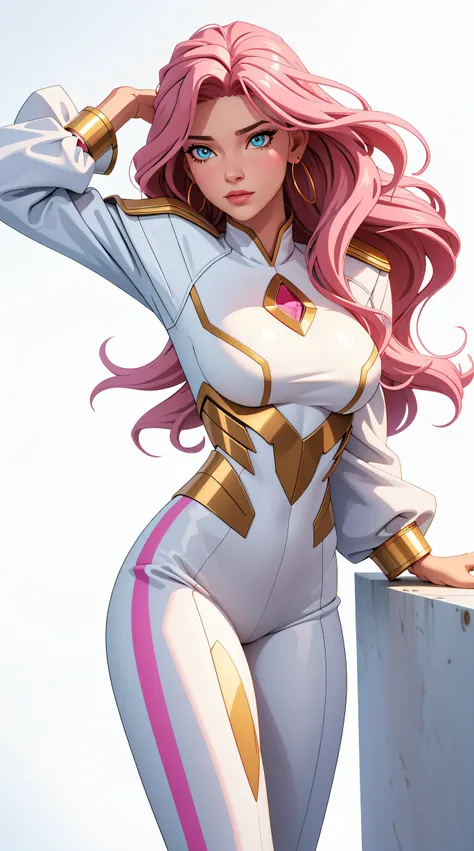 (best quality:1.5, highres, UHD, 4K, detailed lighting, shaders), pink wavy hair, gradient hair, large breasts, suit, social lomg pants, mature woman , (pov), white background, colorful eyeshadow, dramatic lighting, sparkling eyes, sensual expression, gold...