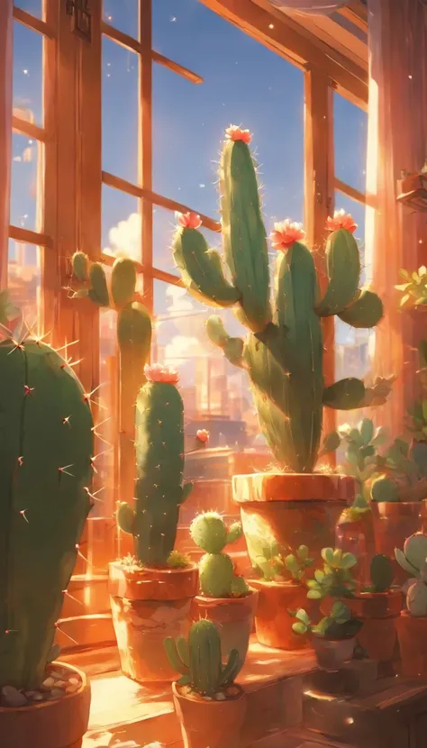 (masterpiece, best quality, ultra-detailed, 8k wallpaper), a pot of cute cactus on a window sill, natural lighting