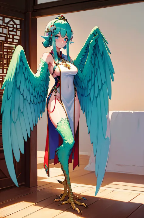 4k,hight resolution,One Woman,harpy,Green hair,poneyTail,Blue eyes,Sexy face,huge tit,snow-white wings,golden toenails,ancient chinese princess,fantasy cheongsam dress,ancient chinese crown