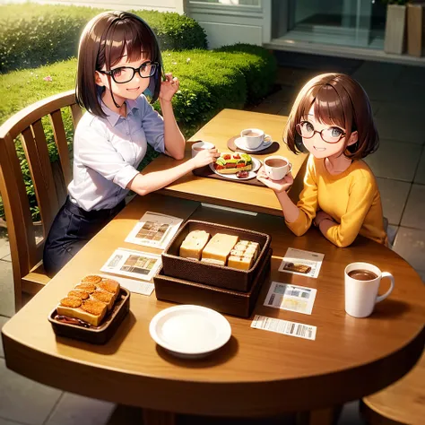 dining table, Sandwich on the plate, Mug with coffee next to it, brown bob hair woman, glasses, sit down on chair, put palms together in front of body, happy smile, in breakfast.