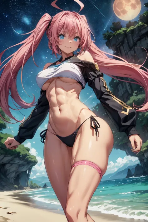 1 girl, (medium breasts))) (((big ass))), (pretty smile), (((wearing short bikini))), (long pink hair), (((blue eyes))), (in beach at night with starry sky and full blood moon), (slim waist), (large waist), (thin and muscular legs), muscular belly, bare fe...